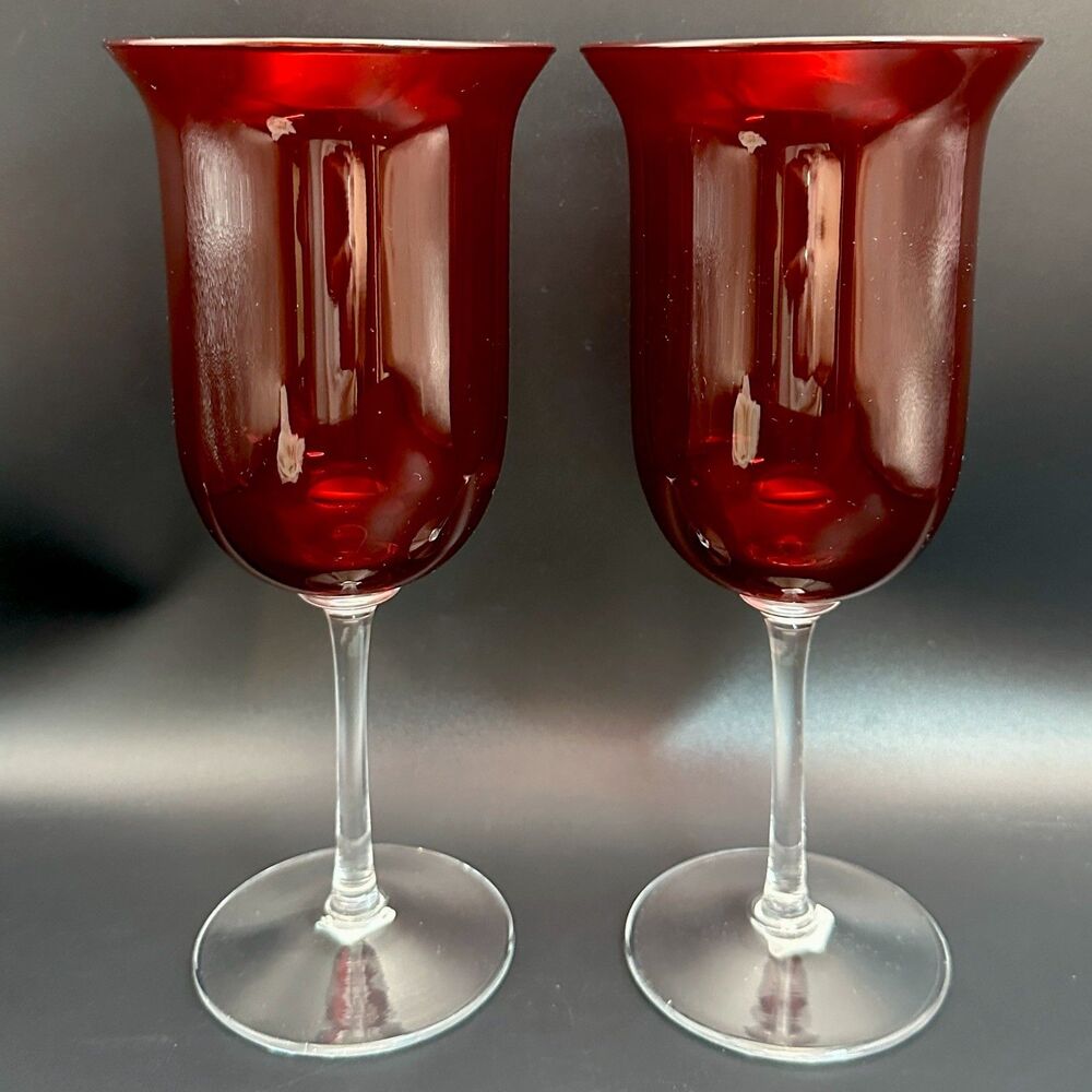 VTG Party Lite Ruby Red Stemmed Glass Votive Holders Set 2 Poland w/ Box Retied
